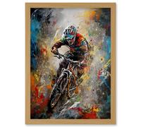Mountain Biker Paint Splat Action Shot Portrait Artwork Framed Wall Art Print A4 Artery8 Light Oak One Size