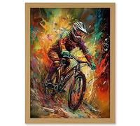Artery8 Mountain Biker Paint Splat Portrait Action Shot Artwork Framed A3 Wall Art Print