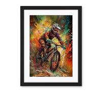Artery8 Mountain Biker Paint Splat Portrait Action Shot Artwork Framed Wall Art Print 18X24 Inch