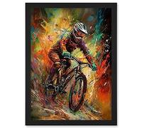 Mountain Biker Paint Splat Portrait Action Shot Artwork Framed Wall Art Print A4 Artery8 Black One Size
