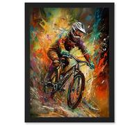 Mountain Biker Paint Splat Portrait Action Shot Artwork Framed Wall Art Print A4 Artery8 Black One Size