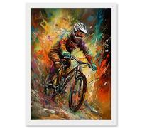 Mountain Biker Paint Splat Portrait Action Shot Artwork Framed Wall Art Print A4 Artery8 White One Size
