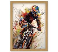 Artery8 Mountain Biker Portrait Splat Paint Action Shot Artwork Framed Wall Art Print A4