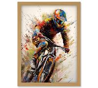 Artery8 Mountain Biker Portrait Splat Paint Action Shot Artwork Framed Wall Art Print A4
