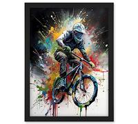 Artery8 Mountain Biking Extreme Sport Paint Splat Portrait Artwork Framed Wall Art Print A4