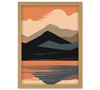 Artery8 Mountain Hills Reflection in Lake Boho Landscape Artwork Framed Wall Art Print A4 in Light Oak Artery8 Light Oak