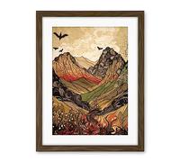 Artery8 Mountain Landscape Multicoloured Pattern Linocut Artwork Framed Wall Art Print 18X24 Inch