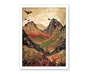 Artery8 Mountain Landscape Multicoloured Pattern Linocut Artwork Framed Wall Art Print 18X24 Inch