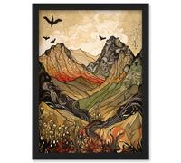 Artery8 Mountain Landscape Multicoloured Pattern Linocut Artwork Framed Wall Art Print A4