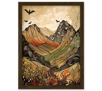 Artery8 Mountain Landscape Multicoloured Pattern Linocut Artwork Framed Wall Art Print A4