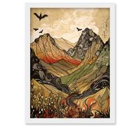 Artery8 Mountain Landscape Multicoloured Pattern Linocut Artwork Framed Wall Art Print A4