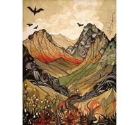 Artery8 Mountain Landscape Multicoloured Pattern Linocut Extra Large XL Wall Art Poster Print