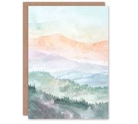 Artery8 Greeting Card Mountain Mist Forest Landscape Hiking Watercolour Blank For All Him Or Her Art Birthday Card