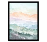 Artery8 Mountain Mist Forest Landscape Hiking Watercolour Living Room Artwork Framed Wall Art Print A4