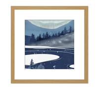 Artery8 Mountain Pine Forest Winter Wonderland Lake Watercolour Square Wooden Framed Wall Art Print Picture 8X8 Inch in Light Oak Artery8 Light Oak