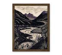 Artery8 Mountain River Landscape Purple and Black Linocut Artwork Framed Wall Art Print 18X24 Inch