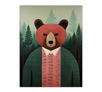 Artery8 Mr Bear Portrait Oil Painting Pink Brown Green Misty Forest Landscape Kids Bedroom Large Wall Art Poster Print Thick Paper 18X24 Inch