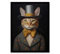 Artery8 Mr Buttons Oil Painting Tan Grey Cream Elegant Cat Portrait with Bow Tie and Top Hat Artwork Framed Wall Art Print A4