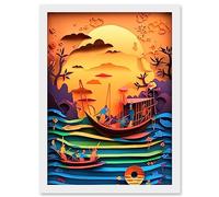 Artery8 Multi-dimensional Kirigami Fishing Boats at Sunset Artwork Framed Wall Art Print A4