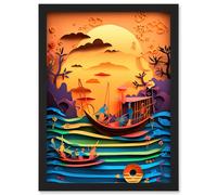 Artery8 Multi-dimensional Kirigami Fishing Boats at Sunset Artwork Framed Wall Art Print A4 in Black Artery8 Black