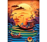 Artery8 Multi-dimensional Kirigami Fishing Boats at Sunset Extra Large XL Wall Art Poster Print