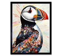 Wall Art Print Multicolour Pattern Feather Puffin Bird Folk Art Framed Artery8 Black W12 inch x H16 inch