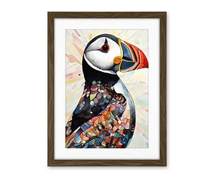 Artery8 Multicolour Pattern Feather Puffin Bird Folk Art Artwork Framed Wall Art Print 18X24 Inch