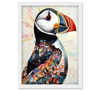 Multicolour Pattern Feather Puffin Bird Folk Art Artwork Framed Wall Art Print A4 Artery8 White One Size