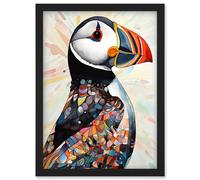 Artery8 Multicolour Pattern Feather Puffin Bird Folk Art Artwork Framed Wall Art Print A4