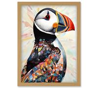 Multicolour Pattern Feather Puffin Bird Folk Art Artwork Framed Wall Art Print A4 Artery8 Light Oak One Size