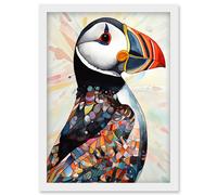 Multicolour Pattern Feather Puffin Bird Folk Art Artwork Framed Wall Art Print A4 Artery8 White One Size