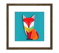 Artery8 Multicoloured Abstract Fox On Blue Illustration Square Wooden Framed Wall Art Print Picture 8X8 Inch in Brown Artery8 Brown