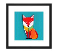 Artery8 Multicoloured Abstract Fox On Blue Illustration Square Wooden Framed Wall Art Print Picture 8X8 Inch in Black Artery8 Black