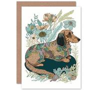 Artery8 Multicoloured Fur Dachshund Dog with Spring Flowers Modern Watercolour Illustration Art Birthday Sealed Greeting Card Plus Envelope Blank inside