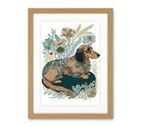 Artery8 Multicoloured Fur Dachshund Dog with Spring Flowers Modern Watercolour Illustration Artwork Framed Wall Art Print 18X24 Inch