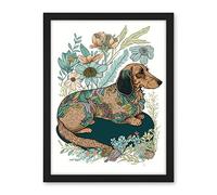 Artery8 Multicoloured Fur Dachshund Dog with Spring Flowers Modern Watercolour Illustration Artwork Framed Wall Art Print 18X24 Inch