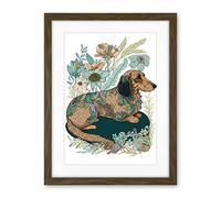 Artery8 Multicoloured Fur Dachshund Dog with Spring Flowers Modern Watercolour Illustration Artwork Framed Wall Art Print 18X24 Inch