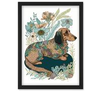 Artery8 Multicoloured Fur Dachshund Dog with Spring Flowers Modern Watercolour Illustration Artwork Framed Wall Art Print A4 in Black Artery8 Black