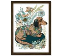 Artery8 Multicoloured Fur Dachshund Dog with Spring Flowers Modern Watercolour Illustration Artwork Framed A3 Wall Art Print