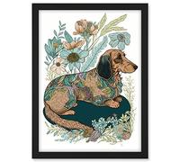 Artery8 Multicoloured Fur Dachshund Dog with Spring Flowers Modern Watercolour Illustration Artwork Framed A3 Wall Art Print