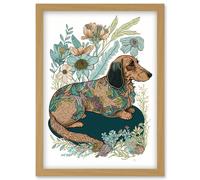 Artery8 Multicoloured Fur Dachshund Dog with Spring Flowers Modern Watercolour Illustration Artwork Framed Wall Art Print A4 in Light Oak Artery8 Light Oak