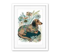 Artery8 Multicoloured Fur Dachshund Dog with Spring Flowers Modern Watercolour Illustration Artwork Framed Wall Art Print 18X24 Inch