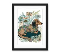 Artery8 Multicoloured Fur Dachshund Dog with Spring Flowers Modern Watercolour Illustration Artwork Framed Wall Art Print 18X24 Inch