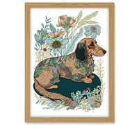 Artery8 Multicoloured Fur Dachshund Dog with Spring Flowers Modern Watercolour Illustration Artwork Framed A3 Wall Art Print