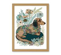 Artery8 Multicoloured Fur Dachshund Dog with Spring Flowers Modern Watercolour Illustration Artwork Framed Wall Art Print 18X24 Inch