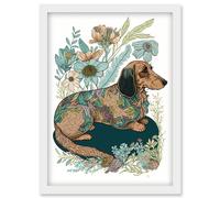 Artery8 Multicoloured Fur Dachshund Dog with Spring Flowers Modern Watercolour Illustration Artwork Framed Wall Art Print A4 in White Artery8 White