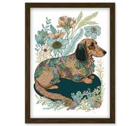 Artery8 Multicoloured Fur Dachshund Dog with Spring Flowers Modern Watercolour Illustration Artwork Framed Wall Art Print A4 in Brown Artery8 Brown