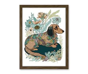 Artery8 Multicoloured Fur Dachshund Dog with Spring Flowers Modern Watercolour Illustration Artwork Framed Wall Art Print 18X24 Inch