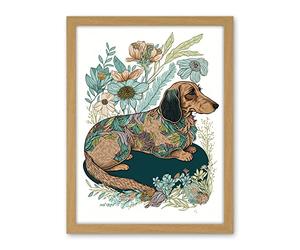 Artery8 Multicoloured Fur Dachshund Dog with Spring Flowers Modern Watercolour Illustration Artwork Framed Wall Art Print 18X24 Inch