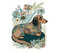 Artery8 Multicoloured Fur Dachshund Dog with Spring Flowers Modern Watercolour Illustration Extra Large XL Wall Art Poster Print